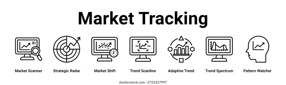 Market Tracking web banner ícone vetor ilustração conceito para Negócios com ícone de Market Scanner, Radar Estratégico, Market Shift, Trend Scanline, Tendência Adaptável, Espectro de Tendência.