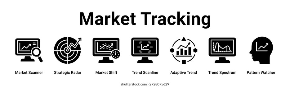 Market Tracking web banner ícone vetor ilustração conceito para Negócios com ícone de Market Scanner, Radar Estratégico, Market Shift, Trend Scanline, Tendência Adaptável, Espectro de Tendência.
