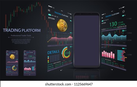 Market trade. Binary option. Trading platform, account. Money Making, business. Market analysis. Investing. Screen of user interface for phone, laptop, tablet. Modern 3d trade app