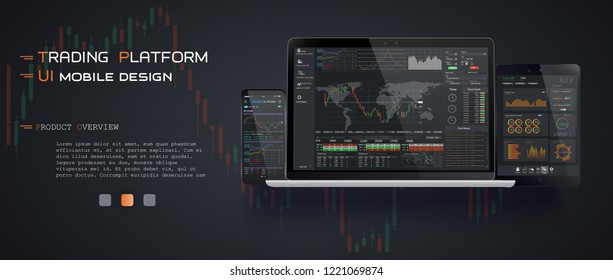 Market trade. Binary option. Trading platform, account. Press Call and Win transaction. Money Making, business. Market analysis. Investing. Screen of user interface for phone, laptop, tablet