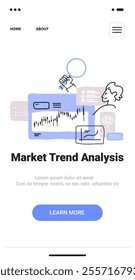 Market trend analysis concept with charts magnifying glass person analyzing data blue and gray tones landing page design sketch style