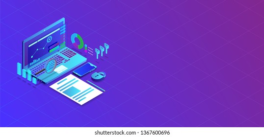 Market trend analysis on computer 
 or smartphone with graphs in isometric design style on colored background, vector infographic.
