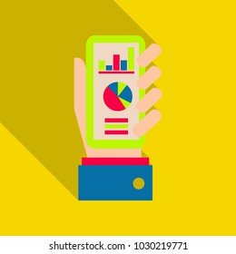 Market trend analysis on smartphone with graphs in isometric flat design style on colored background, vector infographic, eps10.