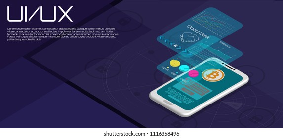 Market Trend Analysis on Smartphone With Graphs in Isometric Flat Design Style. Web Banner on Mobile Stock Trading Concept, Online Trading Forex, Bitcoin. Vector Isometric Flat Style. Bitcoin Deal