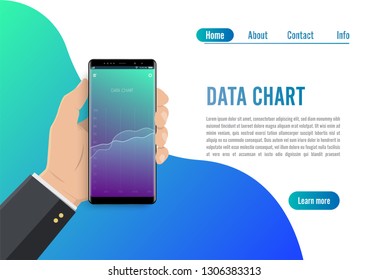 Market trend analysis on smartphone with line chart and graphs. Hand holds phone. Data chart concept. Flat design concept data marketing. Visualize with graph and chart marketing growth