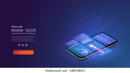 Market trend analysis on smartphone with line chart and graphs analysis. Design infographic, statistics on screen. Landing page template. Market trend analysis on smartphone with graphs. Isometric
