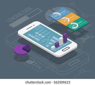 Market trend analysis on smartphone with graphs in isometric flat design style on colored background, vector infographic, eps10.