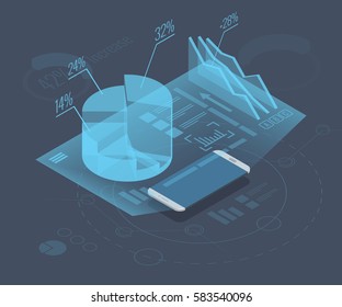 Market trend analysis on smartphone with graphs, isometric flat design infographic on colored background. Futuristic hi tech mobile phone hologram projector conceptual vector illustration, eps10.