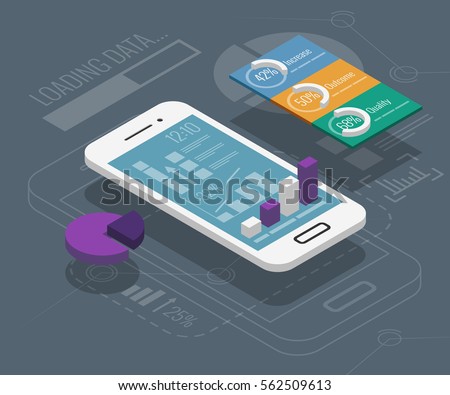 Market trend analysis on smartphone with graphs in isometric flat design style on colored background, vector infographic, eps10.