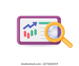 Análisis e investigación de tendencias de mercado. Buscador de valores. Gráfica de candelabros y lupa. Vector 3d