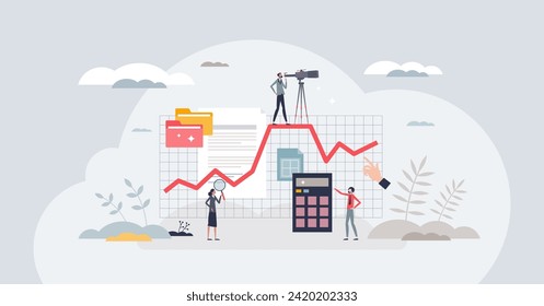 Market trend analysis tools for information research tiny person concept. Financial market forecast, calculation or economical statistics vector illustration. Business reports with profit or earnings