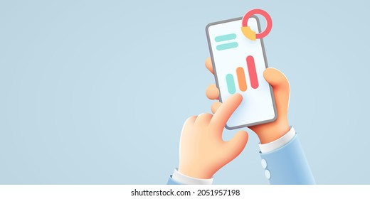 Market trend graphs and business analysis on smartphone. Hand holds phone. Infographic and statistics on screen. Landing page template