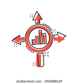 Market trend icon in comic style. Growth arrow with magnifier cartoon vector illustration on white isolated background. Increase splash effect business concept.