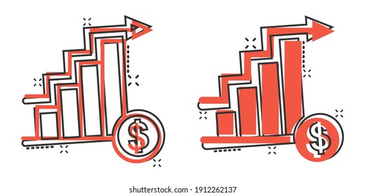Market trend icon in comic style. Growth arrow with magnifier cartoon vector illustration on white isolated background. Increase splash effect business concept.