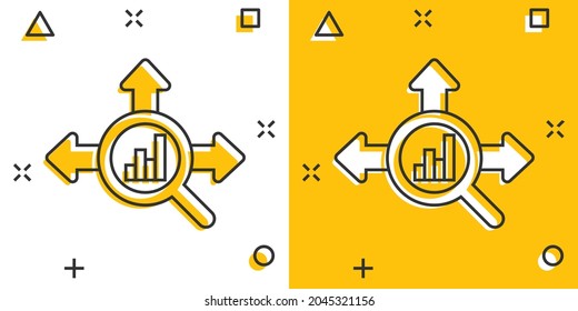 Market trend icon in comic style. Growth arrow with magnifier cartoon vector illustration on white isolated background. Increase splash effect business concept.