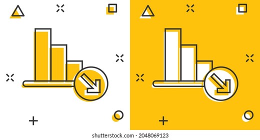 Market trend icon in comic style. Decline arrow with magnifier cartoon vector illustration on white isolated background. Decrease splash effect business concept.