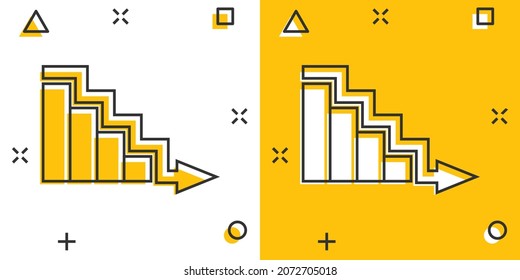 Market trend icon in comic style. Decline arrow with magnifier cartoon vector illustration on white isolated background. Decrease splash effect business concept.
