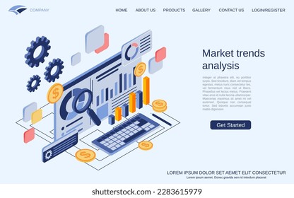 Market trends analysis, financial statistics, business data management modern 3d isometric vector concept illustration. Landing page design template