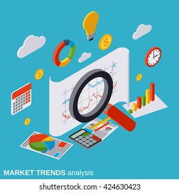 Market trends analysis, financial statistics, business report, modern infographic flat isometric vector concept illustration