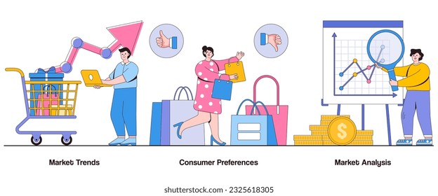 Market Trends, Consumer Preferences, Market Analysis Concept with Character. Market Research Abstract Vector Illustration Set. Market Segmentation, Demand Forecasting, Competitive Advantage Metaphor.