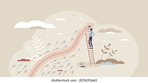 Market Trends And Stock Value Growth In Global Economy Tiny Person Concept. Abstract Financial Graph With Accounting Analysis Arrows Vector Illustration. Earnings Report And Investment Data Display.