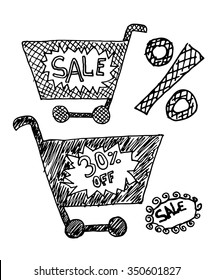 Market trolleys with percent symbol. Free hand drawn. Vector illustration.
