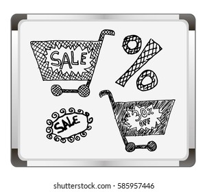 Market trolleys with percent symbols on flip chart background. Free hand drawn. Vector illustration.