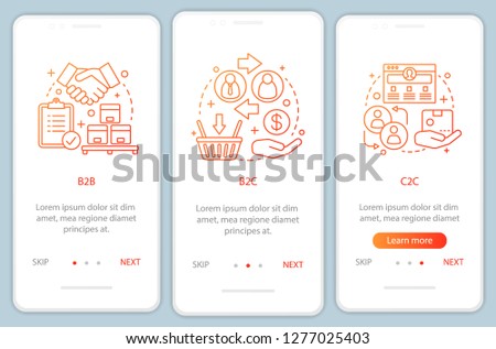 Market types onboarding mobile app page screen vector template. Business models. B2B, B2C, C2C walkthrough website steps with linear illustrations. UX, UI, GUI smartphone interface concept