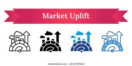 Market Uplift - Outline, Glyph Silhouette Black Fill, Dual tone, Blue, Multi Style Icon - City with growth curves and arrows reflects smart city growth, market momentum, and progress