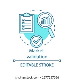 Market validation concept icon. Interview with target audience. Company development plan. Marketing research idea thin line illustration. Vector isolated outline drawing. Editable stroke