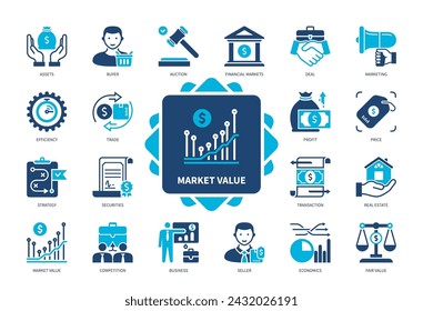 Marktwert-Symbolsatz. Vermögenswerte, Marketing, Gewinn, Wertpapiere, Handel, Finanzmärkte, Transaktion, Immobilien. Zweifarbige Volltonsymbole