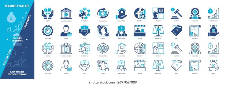 ícone Valor de Mercado definido. Ativos, Marketing, Lucro, Títulos, Comércio, Mercados Financeiros, Transação, Vendedor. Ícones de contorno sólido e editável de cor duotônica