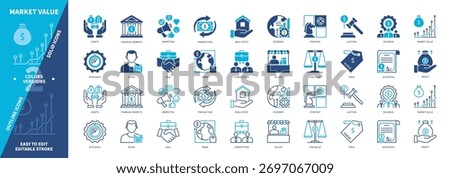 Market Value icon set. Assets, Marketing, Profit, Securities, Trade, Financial Markets, Transaction, Seller. Duotone color solid and editable outline icons