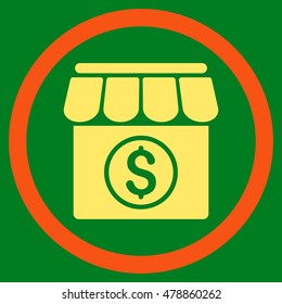 Market vector bicolor rounded icon. Image style is a flat icon symbol inside a circle, orange and yellow colors, green background.