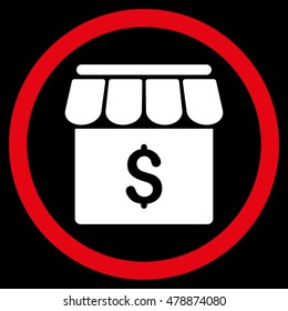Market vector bicolor rounded icon. Image style is a flat icon symbol inside a circle, red and white colors, black background.