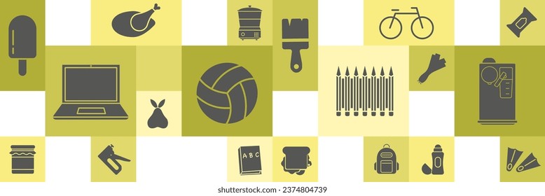 Gráficos vectoriales de mercado. Se ha establecido para banners o publicidad de supermercados. Iconos usados en los supermercados. ESP 10.