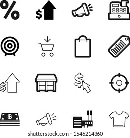 market vector icon set such as: advertising, promotion, strategy, t, percentage, clothes, arrows, service, idea, goal, offer, accuracy, online, mark, present, silhouette, scanner, empty, pay, round