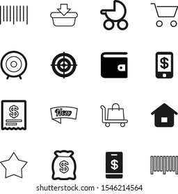 market vector icon set such as: order, purse, truck, corner, circle, pram, scanning, residential, print, page, deliver, set, buggy, wallet, coin, transportation, receipt, online, perfection