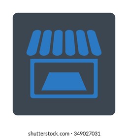 Market vector icon. Style is flat rounded square button, smooth blue colors, white background.