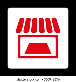Market vector icon. Style is flat rounded square button, red and white colors, black background.