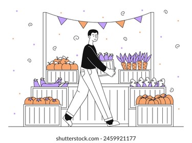 Market with vegetables simple. Man with package of eggplants and carrots. Support your local shop. Farming and agriculture. Natural and organic products. Doodle flat vector illustration