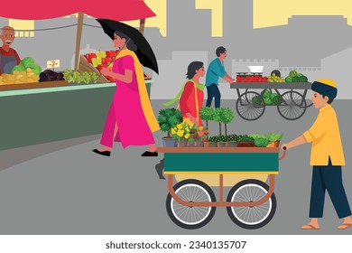 Market View, City Market Composition, Vector Illustration.