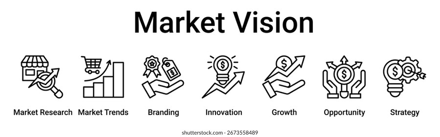 Concepto de Ilustración vectorial de ícono de Web de Anuncio de visión de mercado para negocios con ícono de investigación de mercado, tendencias de mercado, marca, innovación, crecimiento, oportunidad.