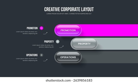 Market Visualization 3 Option Infographic Slide Template. Service Development Frame Layout Vector Illustration. Professional Plan Three Step Diagram Slideshow Design.