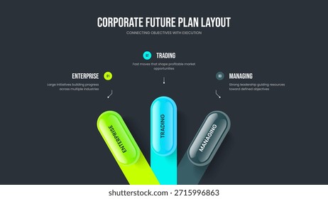 Visualización de mercado Diseño de presentación de diapositivas de infografía de tres opciones. Plantilla digital de presentación de 3 diagramas de elementos. Ilustración vectorial de diseño de diapositivas de lanzamiento de servicio.