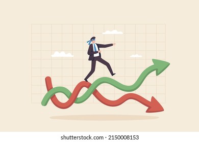 market volatility, business risk. investment risk price uncertainty. Digital asset risk and financial instability. Businessman walking on arrow chart with price risk and profit.