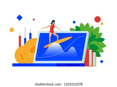 Market wave. Surfing on the financial waves. A man on a surfboard rides on a chart on a laptop.