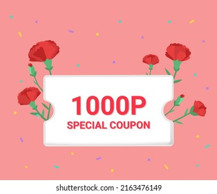 The market will give you a special carnation 1,000 point discount coupon illustration set. flower, floral, confetti, holiday, event. Vector drawing. Hand drawn style.