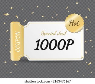 The market will give you a special 1,000 point discount gold luxury coupon illustration set. party, gold, decorate, holiday, event.Vector drawing. Hand drawn style.