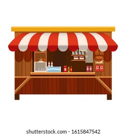 Market wooden store, stand stall and various kiosk, with red and white striped awning coffee, groceries products, fast food, vegetable, fresh fruit, handy craft, cake bakery . Vector illustration